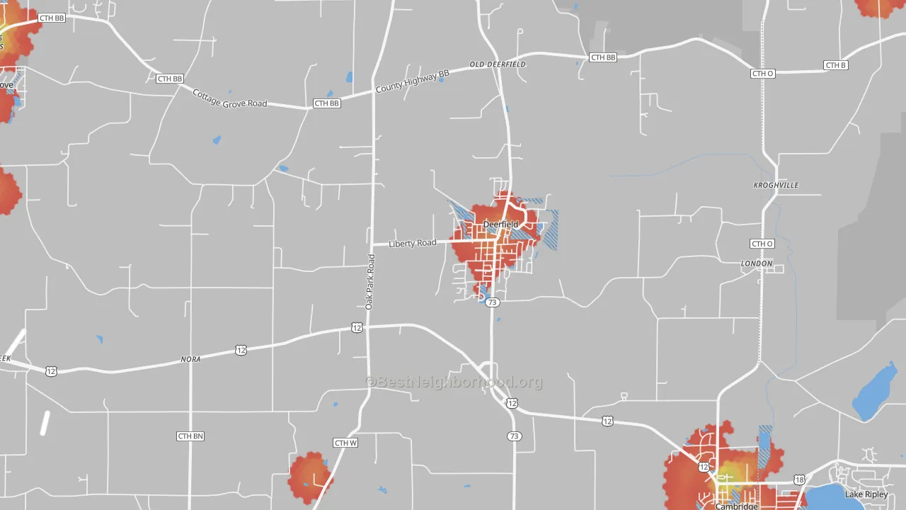 Walk Grade map of Deerfield, WI, walkable areas in green and car-dependent areas in red