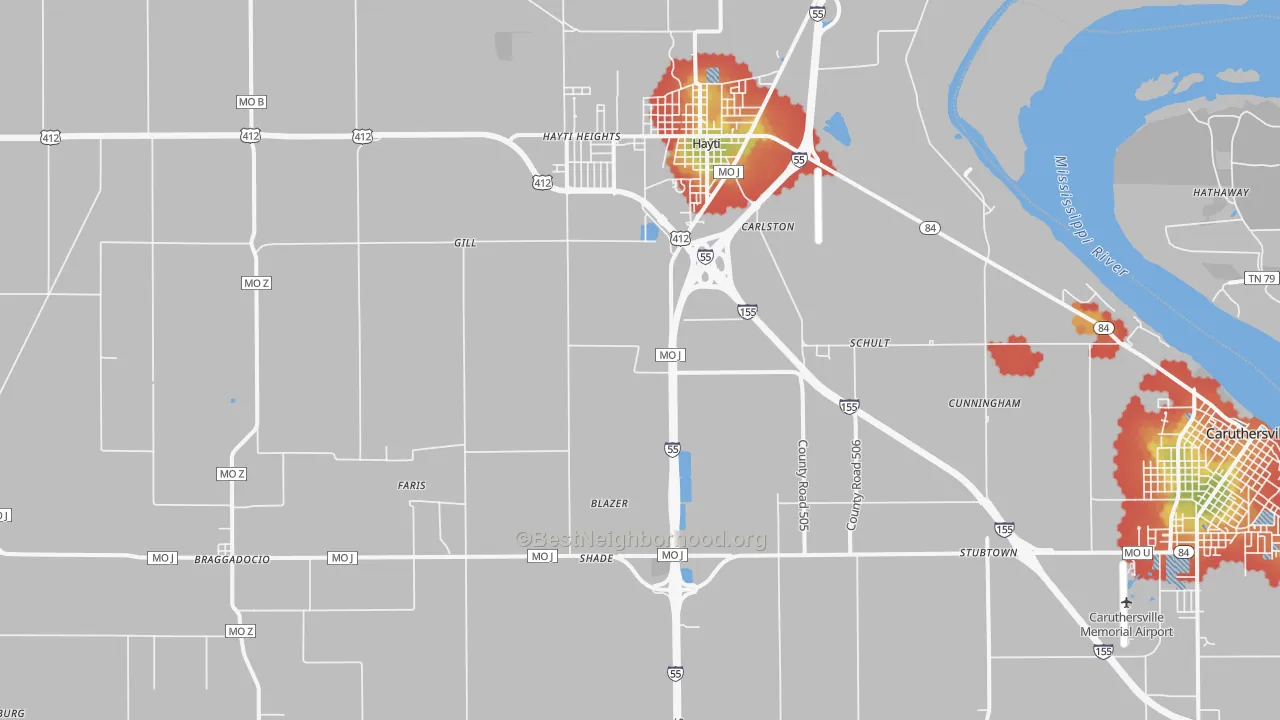 Walk Grade map of Deering, MO, walkable areas in green and car-dependent areas in red