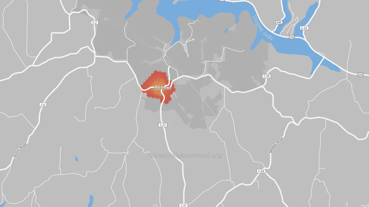 Walk Grade map of Deersville, OH, walkable areas in green and car-dependent areas in red