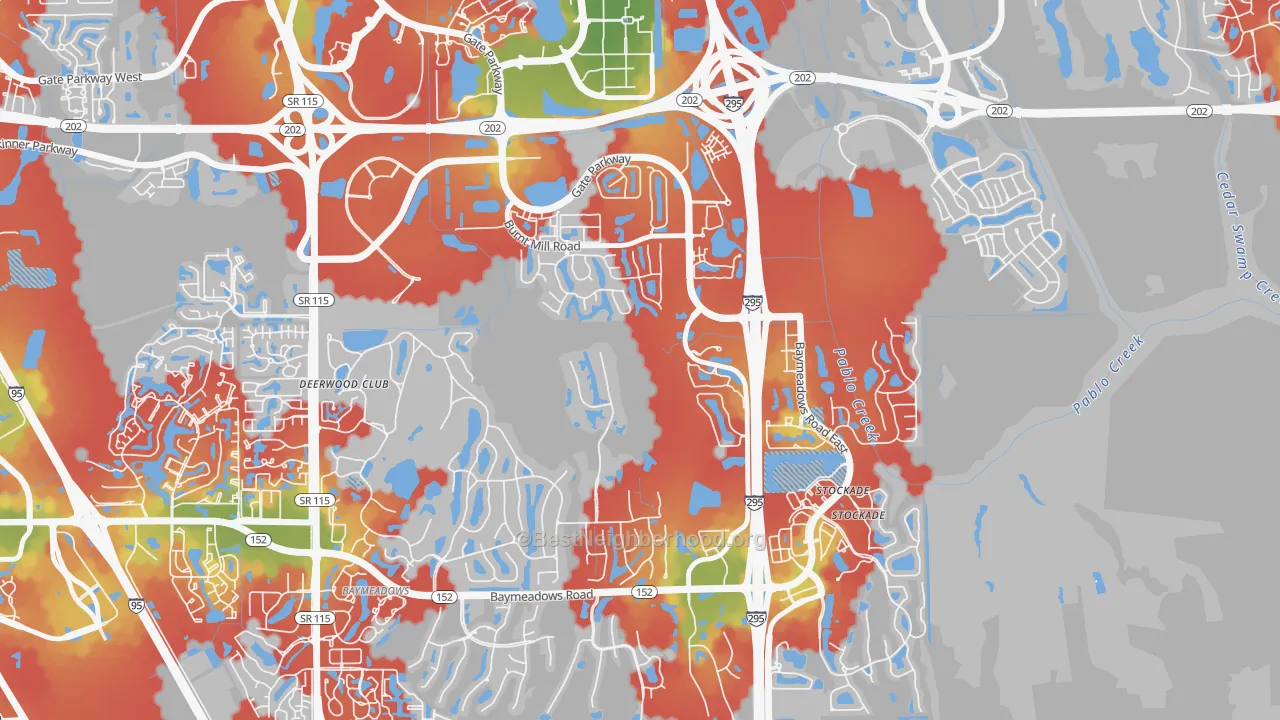 Walk Grade map of Deerwood, Jacksonville, FL, walkable areas in green and car-dependent areas in red