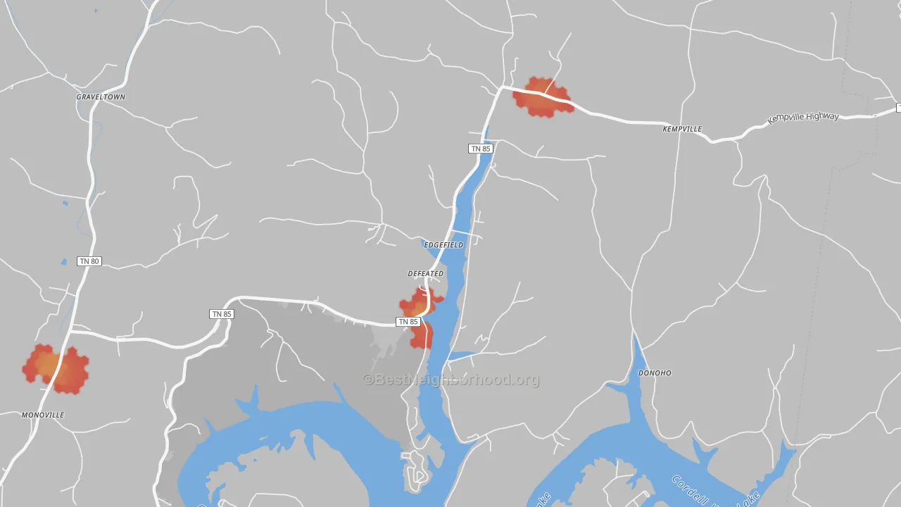 Walk Grade map of Defeated, TN, walkable areas in green and car-dependent areas in red