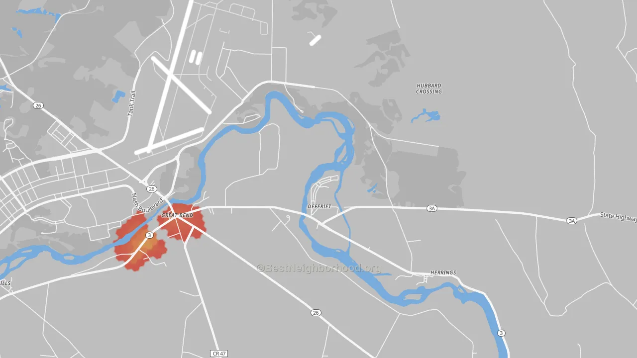 Walk Grade map of Deferiet, NY, walkable areas in green and car-dependent areas in red