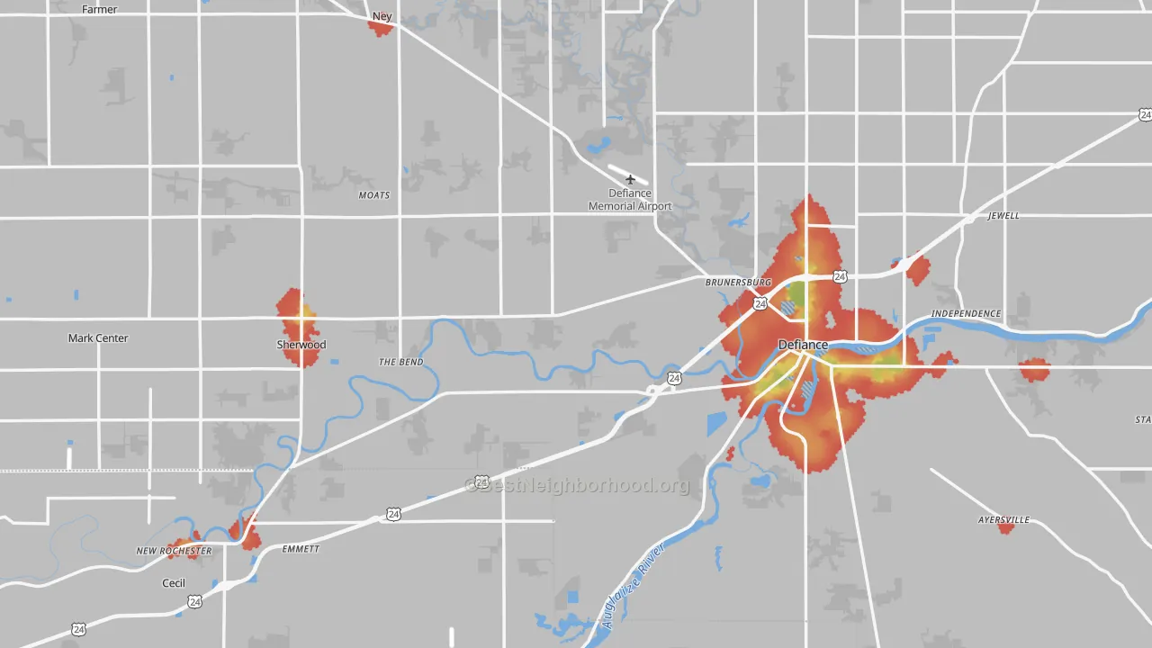 Walk Grade map of Defiance County, OH, walkable areas in green and car-dependent areas in red