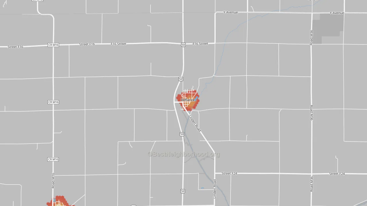 Walk Grade map of Defiance, IA, walkable areas in green and car-dependent areas in red