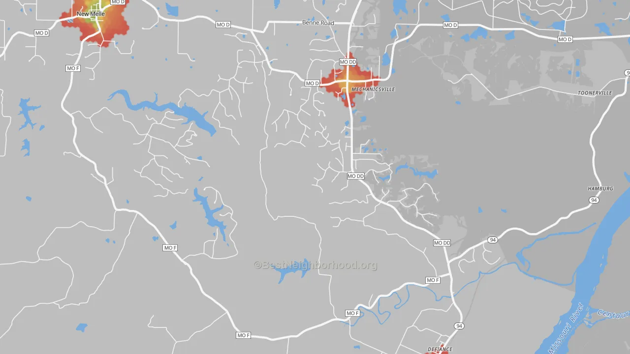Walk Grade map of Defiance, MO, walkable areas in green and car-dependent areas in red