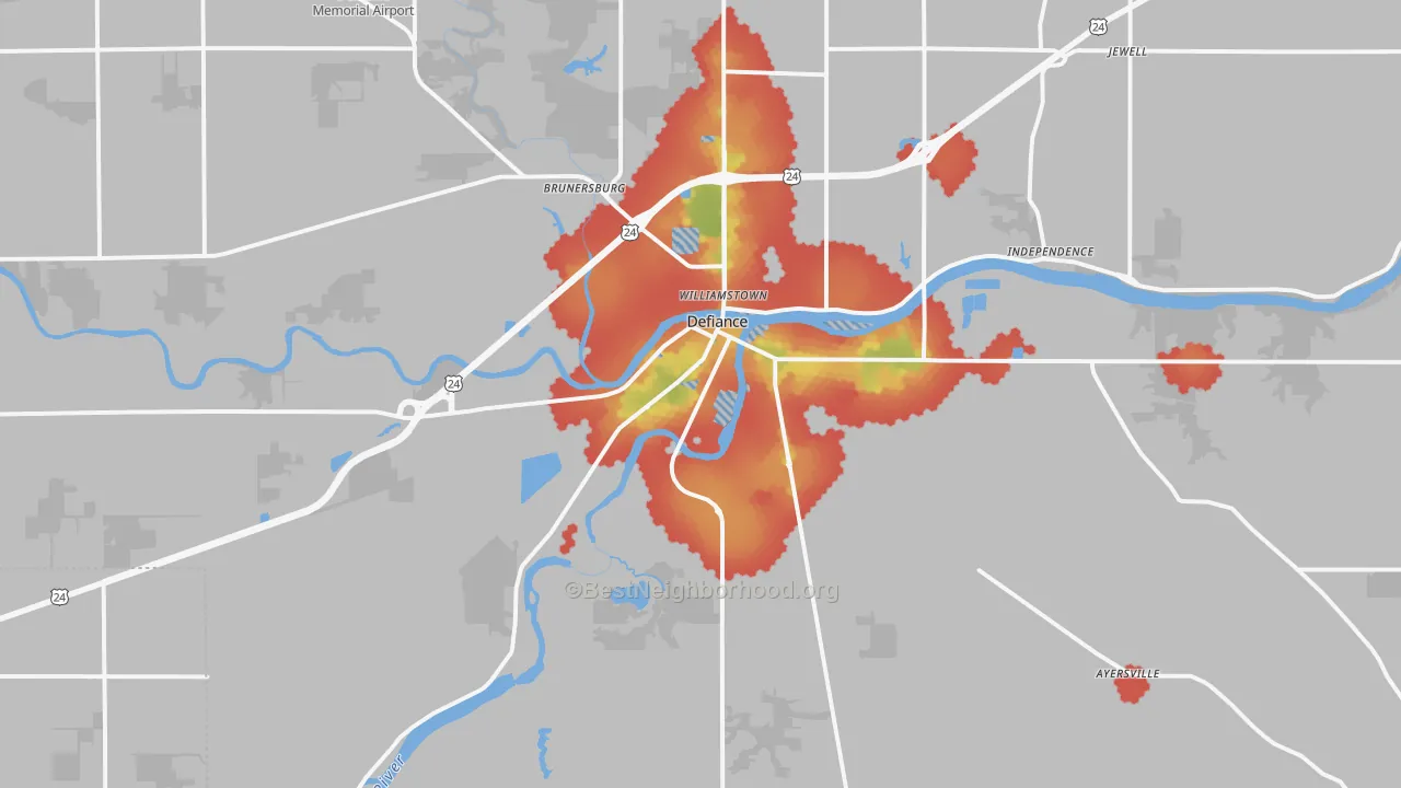 Walk Grade map of Defiance, OH, walkable areas in green and car-dependent areas in red