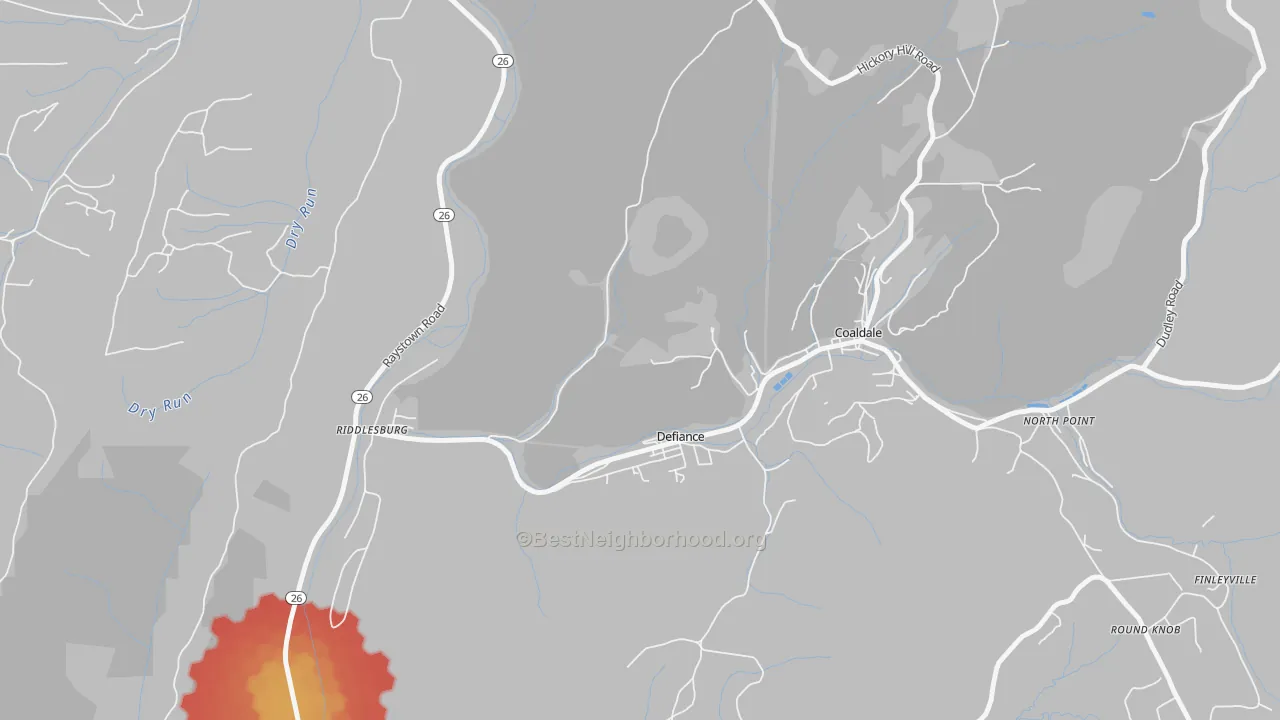 Walk Grade map of Defiance, PA, walkable areas in green and car-dependent areas in red