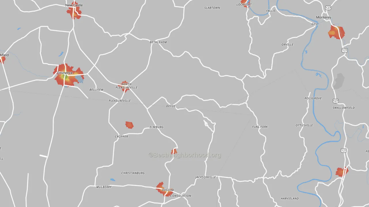 Walk Grade map of DeFoe, KY, walkable areas in green and car-dependent areas in red
