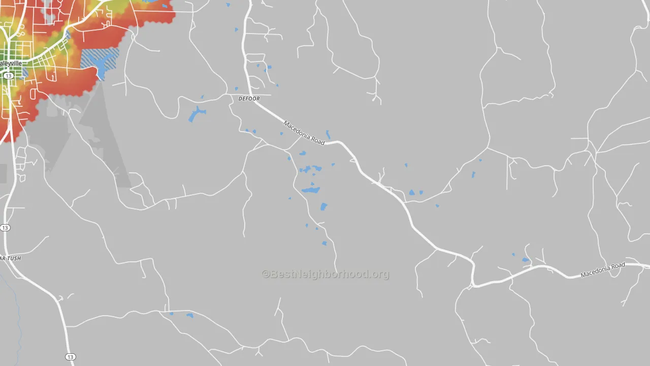 Walk Grade map of DeFoor, AL, walkable areas in green and car-dependent areas in red
