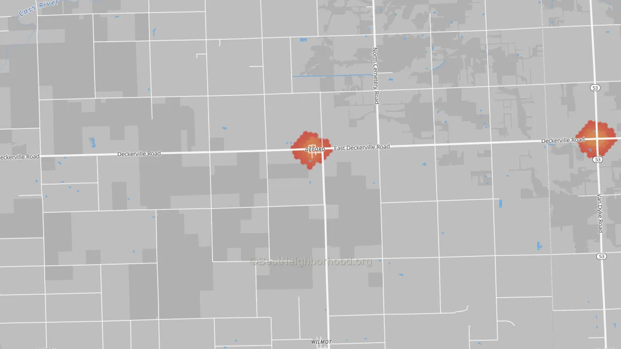 Walk Grade map of DeFord, MI, walkable areas in green and car-dependent areas in red
