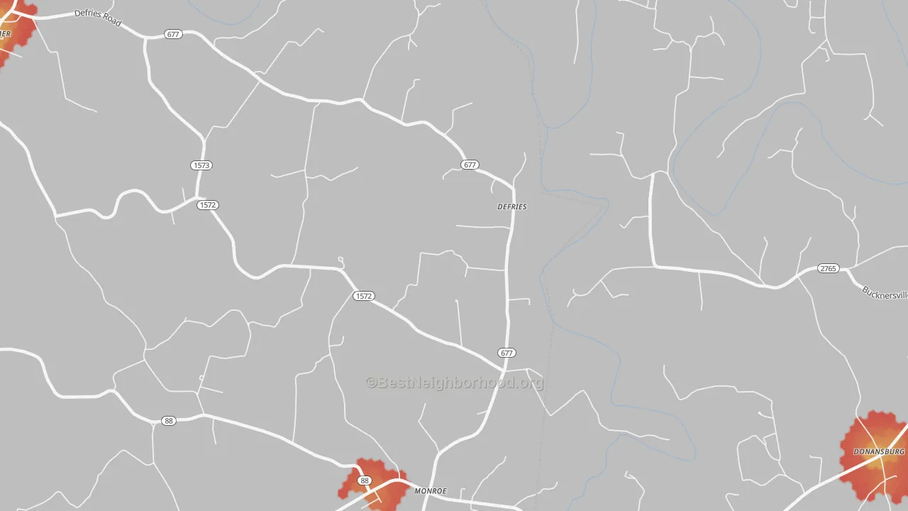 Walk Grade map of Defries, KY, walkable areas in green and car-dependent areas in red