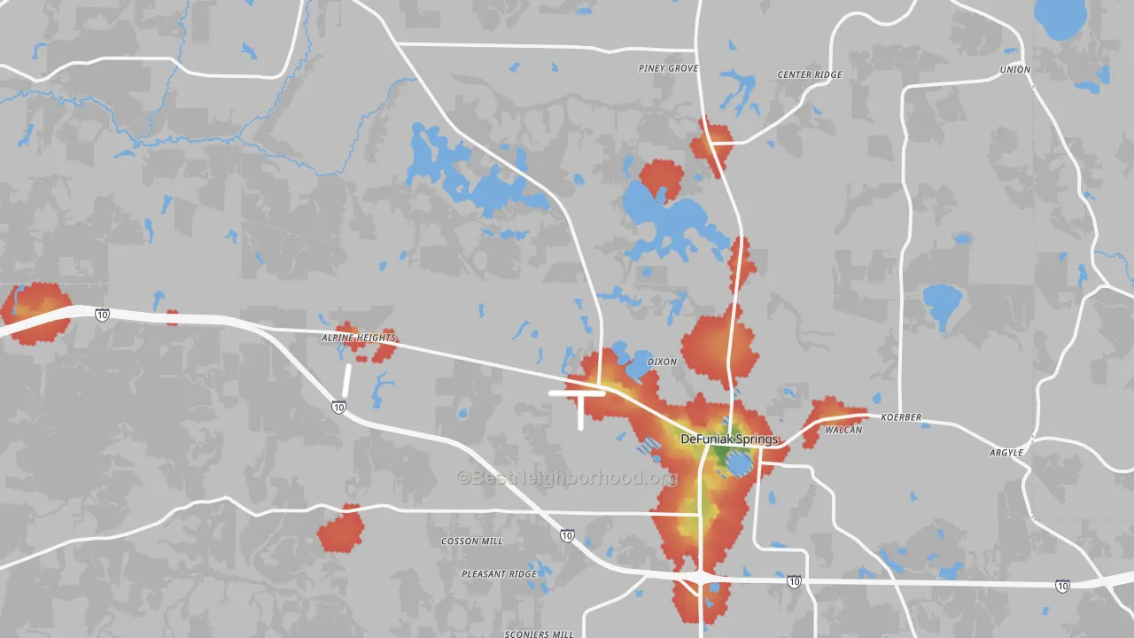 Walk Grade map of DeFuniak Springs, FL, walkable areas in green and car-dependent areas in red