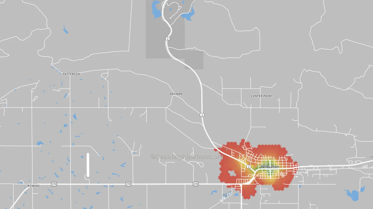 Walk Grade map of Degnan, OK, walkable areas in green and car-dependent areas in red