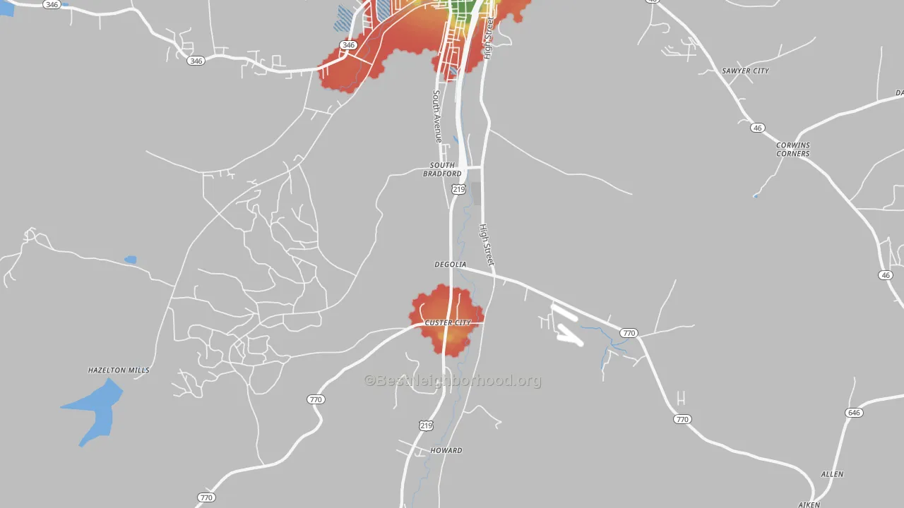 Walk Grade map of Degolia, PA, walkable areas in green and car-dependent areas in red
