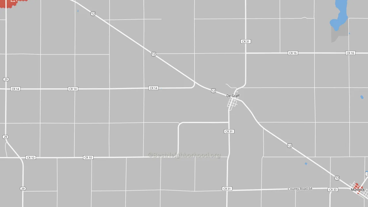 Walk Grade map of DeGraff, MN, walkable areas in green and car-dependent areas in red
