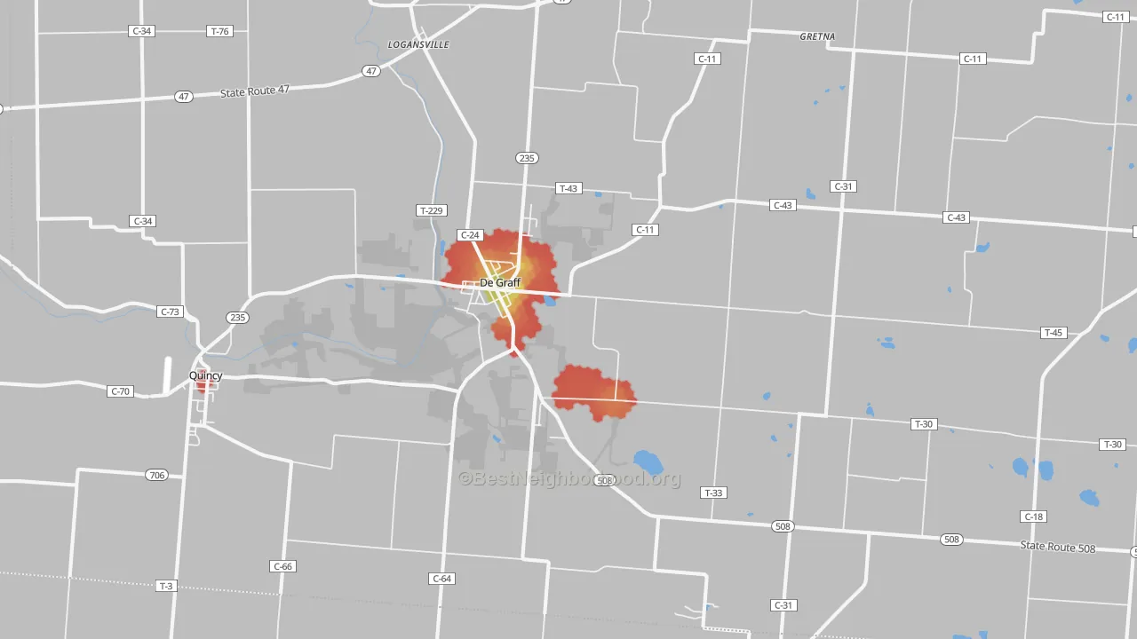 Walk Grade map of DeGraff, OH, walkable areas in green and car-dependent areas in red