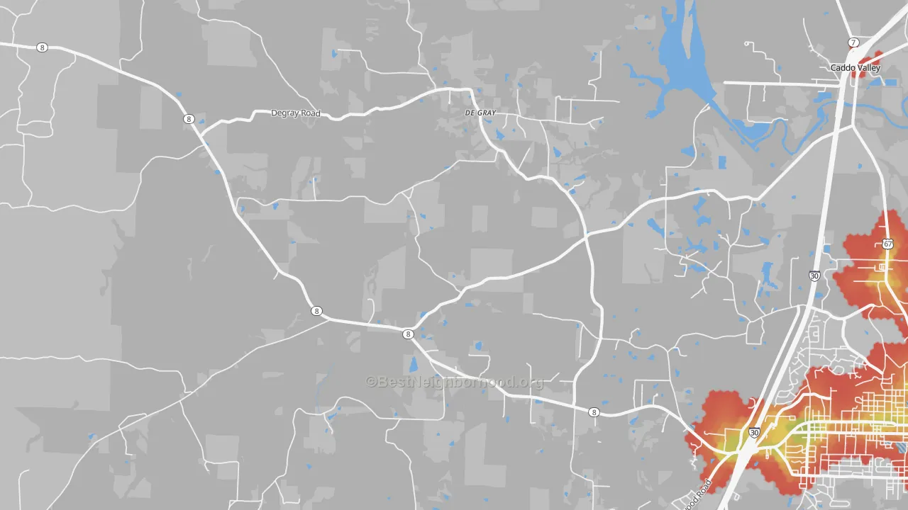Walk Grade map of DeGray, AR, walkable areas in green and car-dependent areas in red