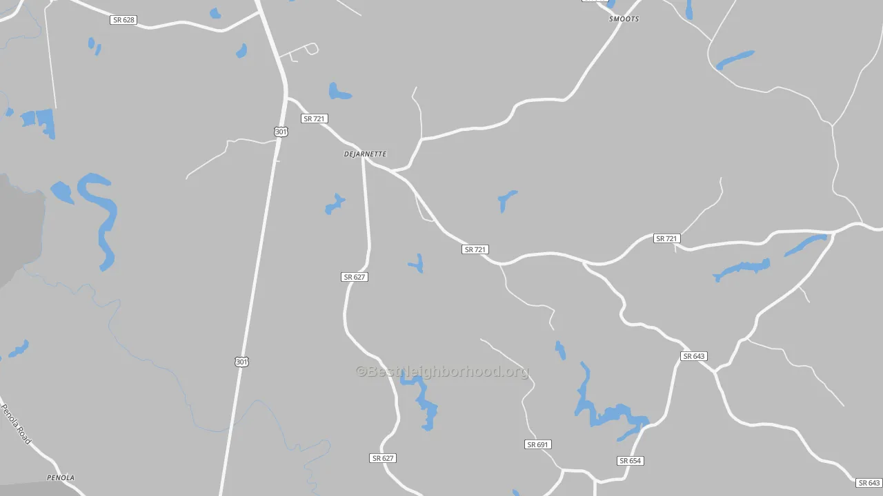 Walk Grade map of DeJarnett, VA, walkable areas in green and car-dependent areas in red