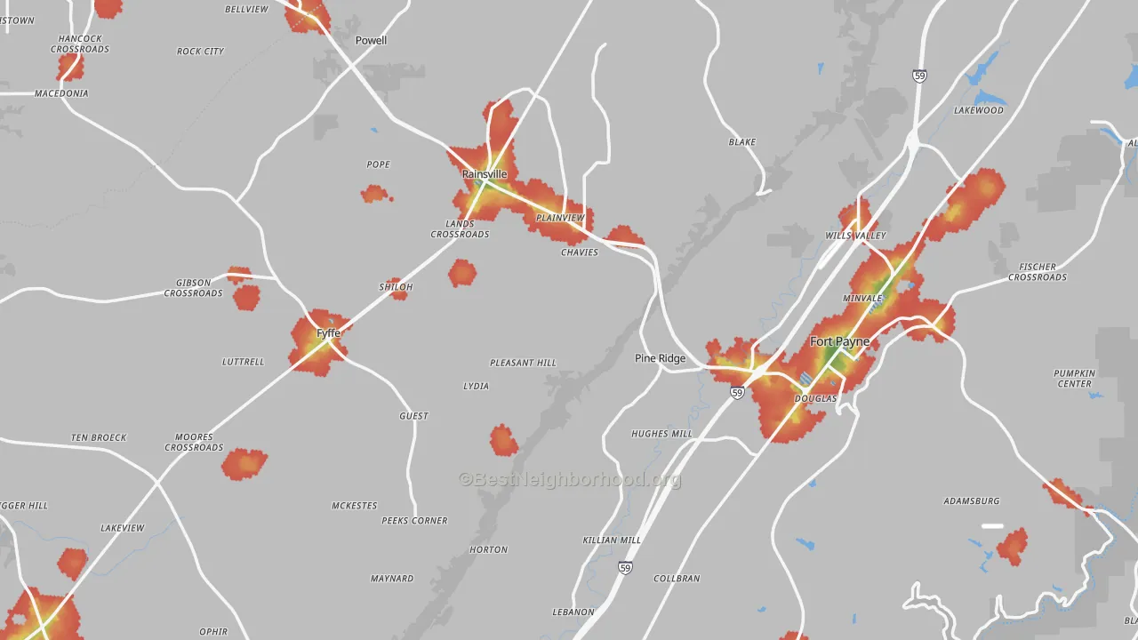Walk Grade map of DeKalb County, AL, walkable areas in green and car-dependent areas in red