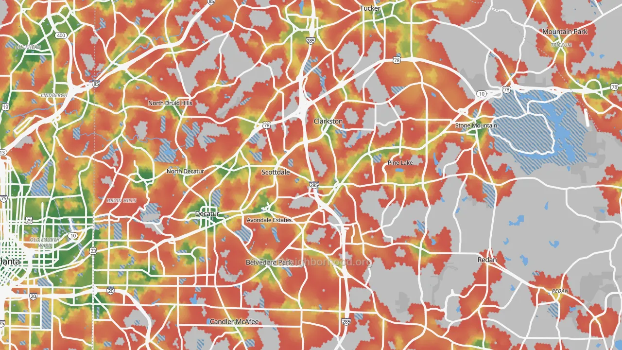 Walk Grade map of DeKalb County, GA, walkable areas in green and car-dependent areas in red