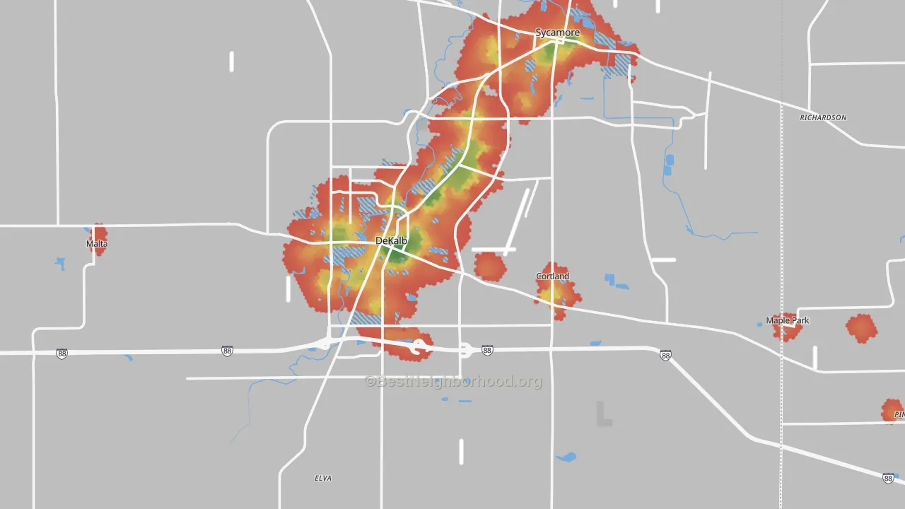 Walk Grade map of DeKalb County, IL, walkable areas in green and car-dependent areas in red