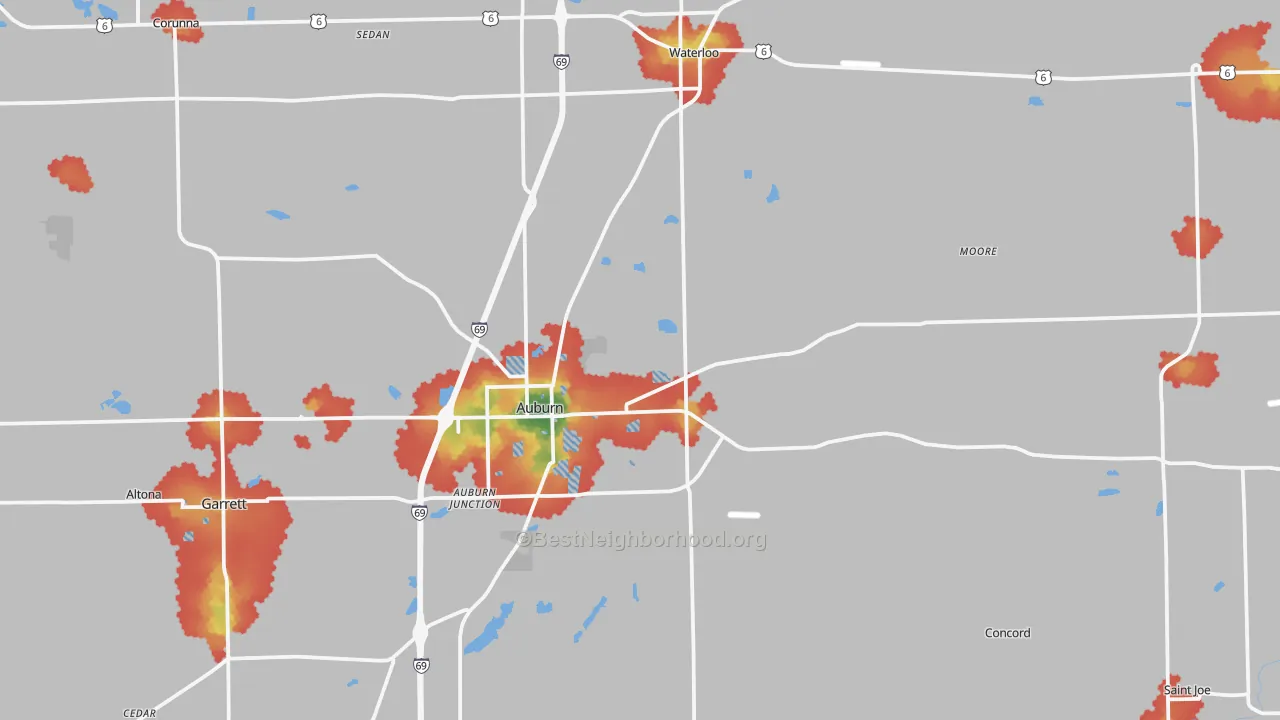 Walk Grade map of DeKalb County, IN, walkable areas in green and car-dependent areas in red