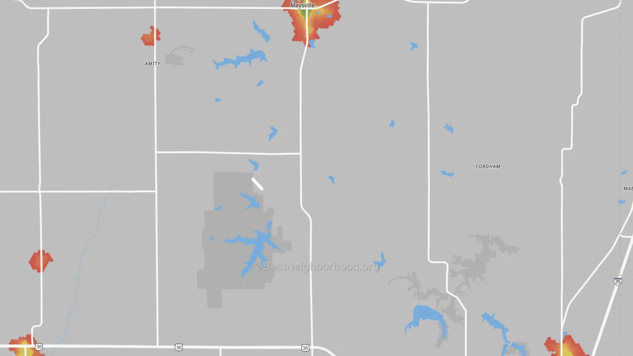 Walk Grade map of DeKalb County, MO, walkable areas in green and car-dependent areas in red