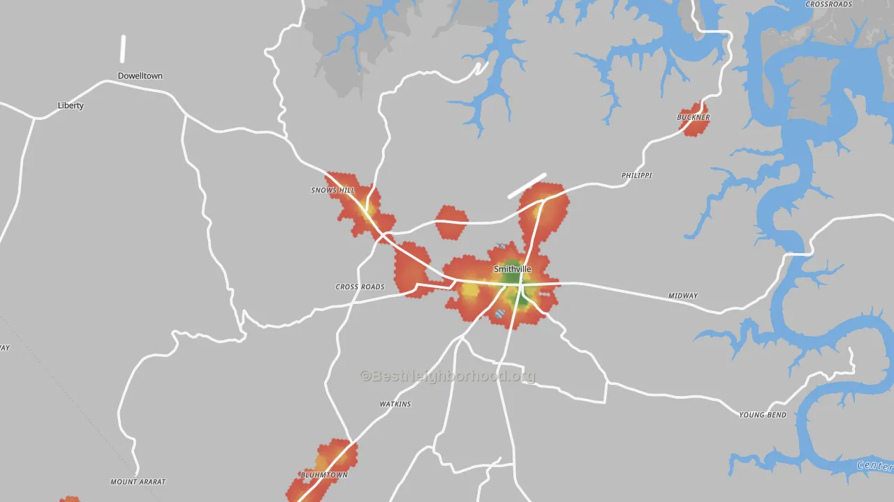Walk Grade map of DeKalb County, TN, walkable areas in green and car-dependent areas in red