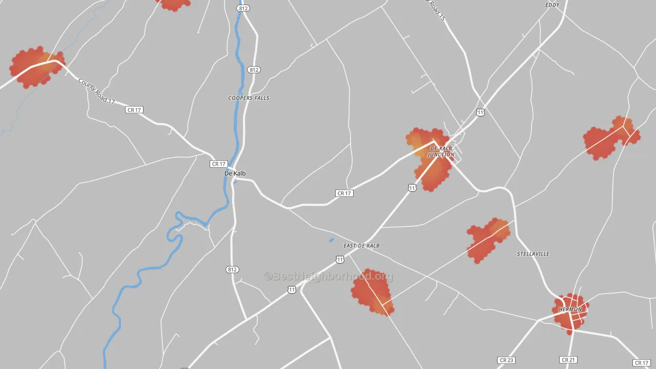 Walk Grade map of DeKalb Junction, NY, walkable areas in green and car-dependent areas in red