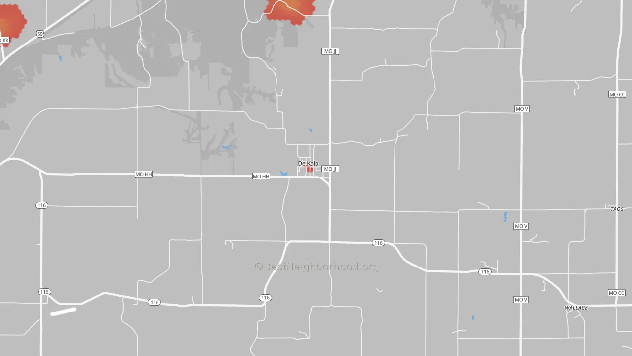 Walk Grade map of DeKalb, MO, walkable areas in green and car-dependent areas in red