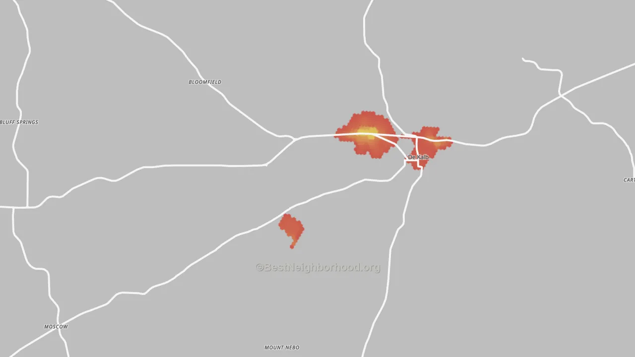 Walk Grade map of DeKalb, MS, walkable areas in green and car-dependent areas in red