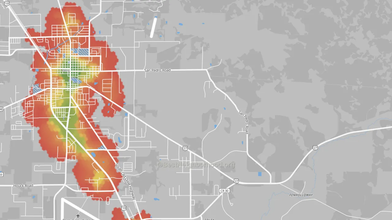 Walk Grade map of Dekle Beach, FL, walkable areas in green and car-dependent areas in red