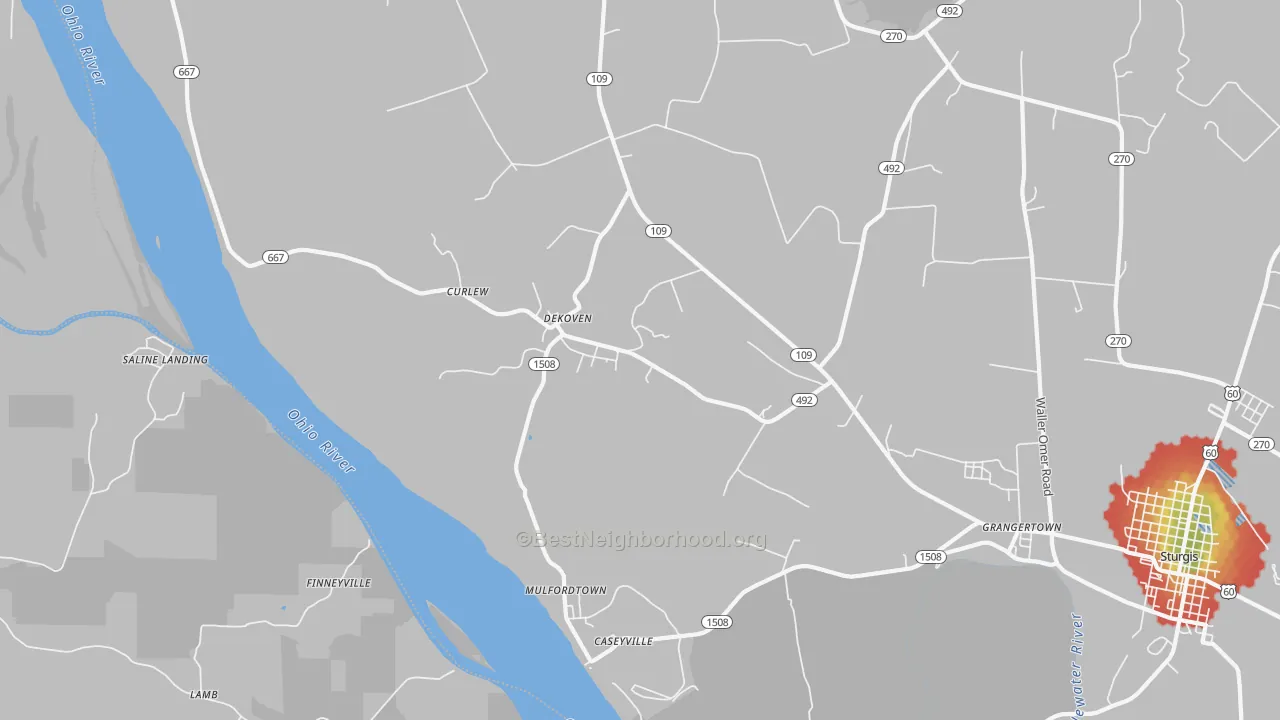 Walk Grade map of DeKoven, KY, walkable areas in green and car-dependent areas in red