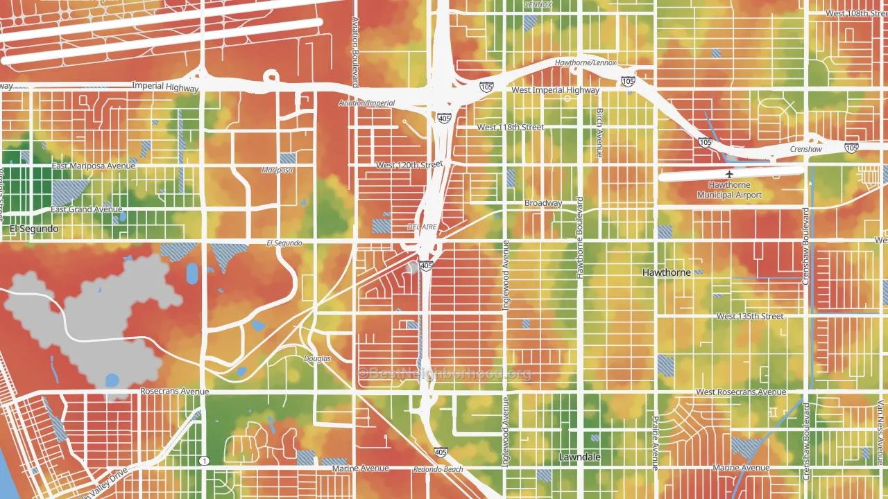 Walk Grade map of Del Aire, CA, walkable areas in green and car-dependent areas in red
