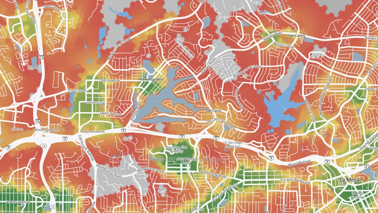 Walk Grade map of Del Cerro, San Diego, CA, walkable areas in green and car-dependent areas in red