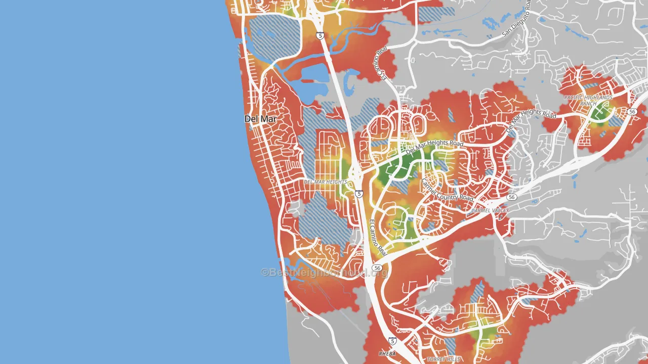 Walk Grade map of Del Mar Heights, Del Mar, CA, walkable areas in green and car-dependent areas in red
