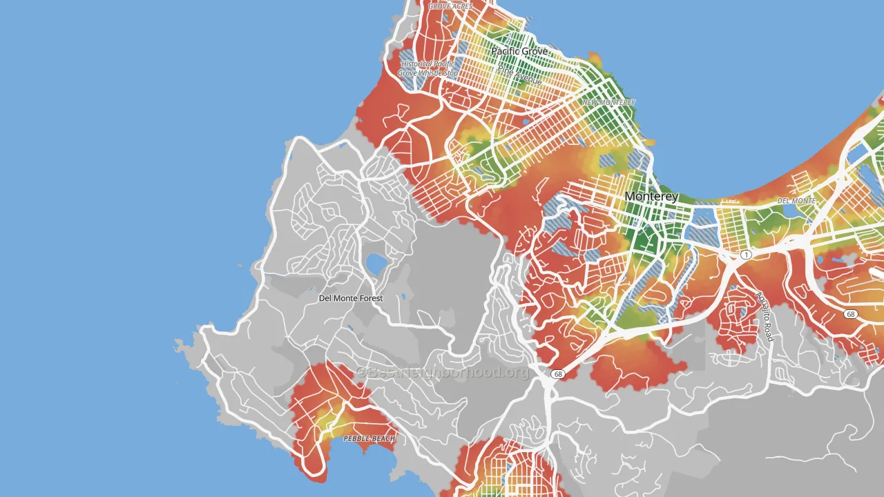 Walk Grade map of Del Monte Forest, CA, walkable areas in green and car-dependent areas in red
