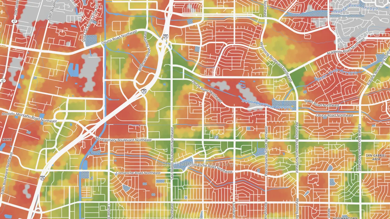 Walk Grade map of Del Norte, Albuquerque, NM, walkable areas in green and car-dependent areas in red