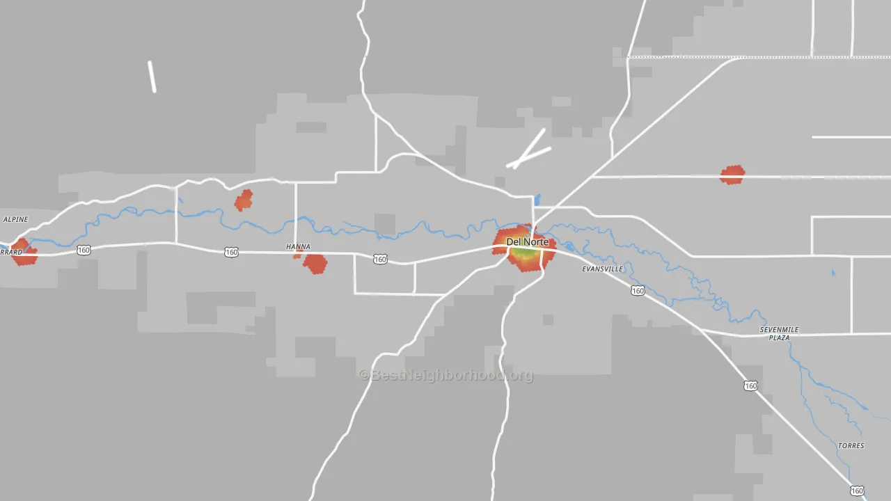 Walk Grade map of Del Norte, CO, walkable areas in green and car-dependent areas in red