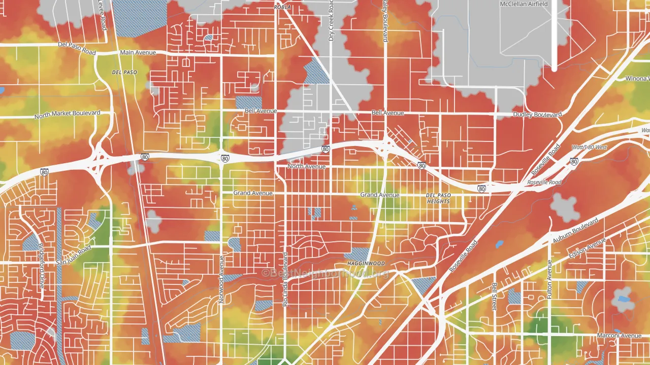 Walk Grade map of Del Paso Heights, Sacramento, CA, walkable areas in green and car-dependent areas in red