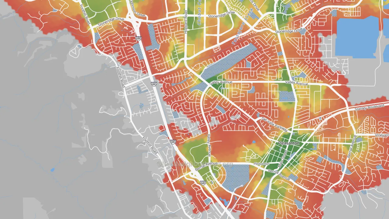 Walk Grade map of Del Prado, Pleasanton, CA, walkable areas in green and car-dependent areas in red
