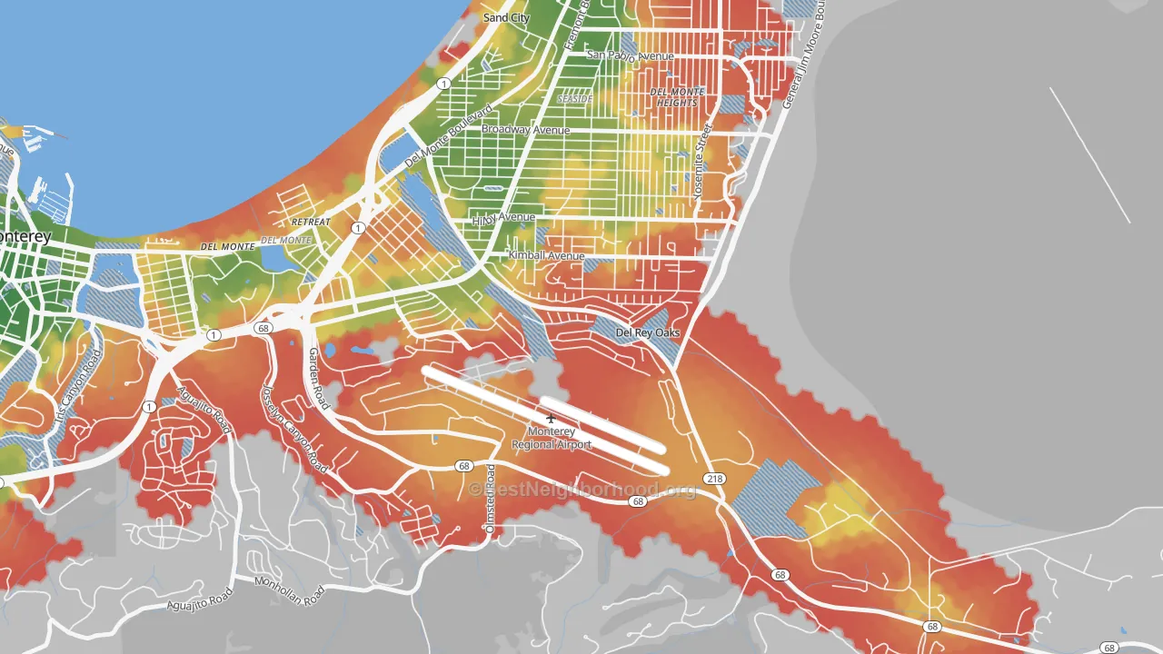 Walk Grade map of Del Rey Oaks, CA, walkable areas in green and car-dependent areas in red