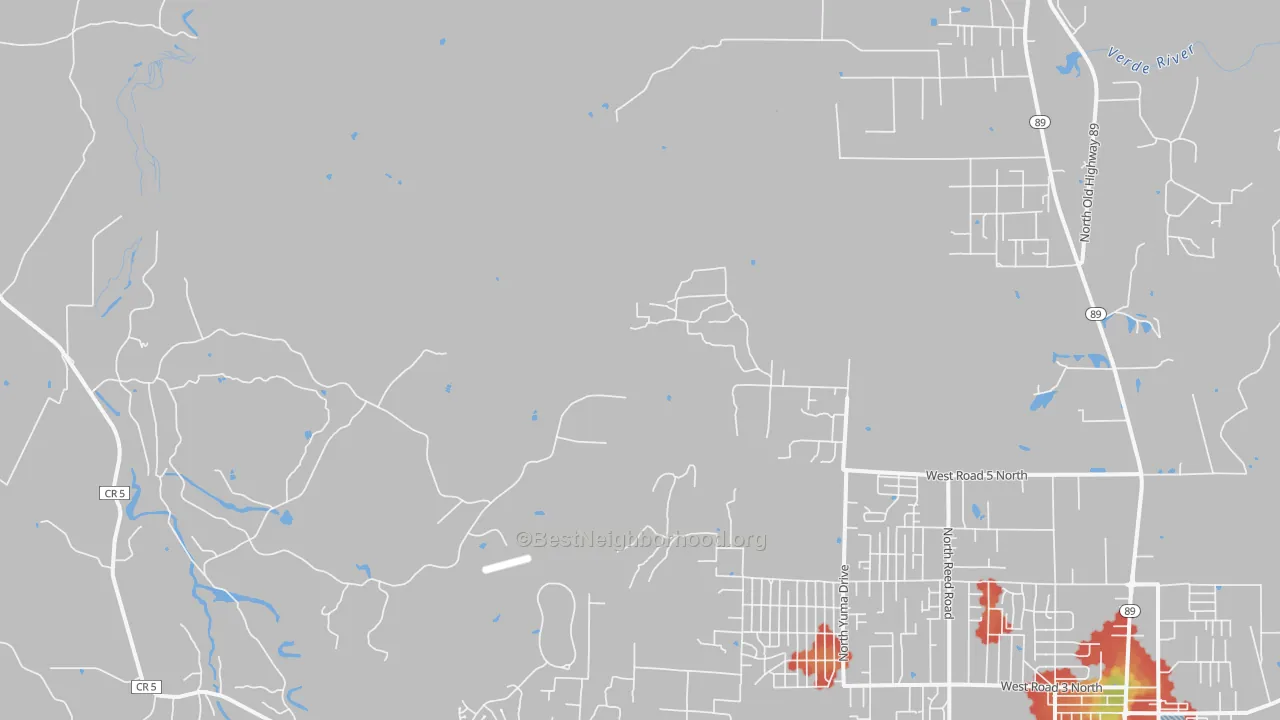 Walk Grade map of Del Rio, AZ, walkable areas in green and car-dependent areas in red