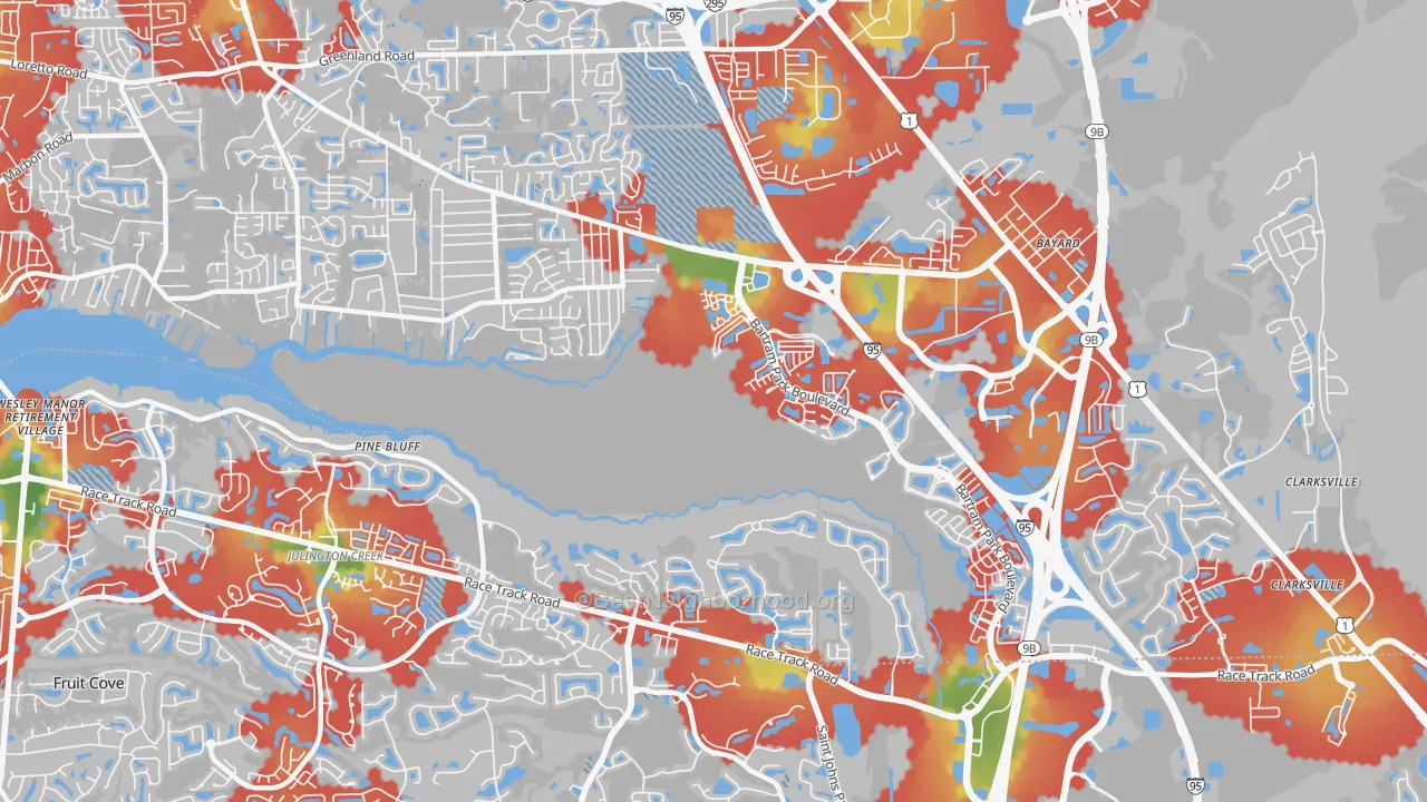 Walk Grade map of Del Rio, Jacksonville, FL, walkable areas in green and car-dependent areas in red