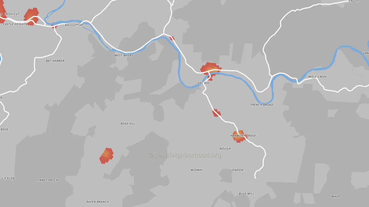 Walk Grade map of Del Rio, TN, walkable areas in green and car-dependent areas in red