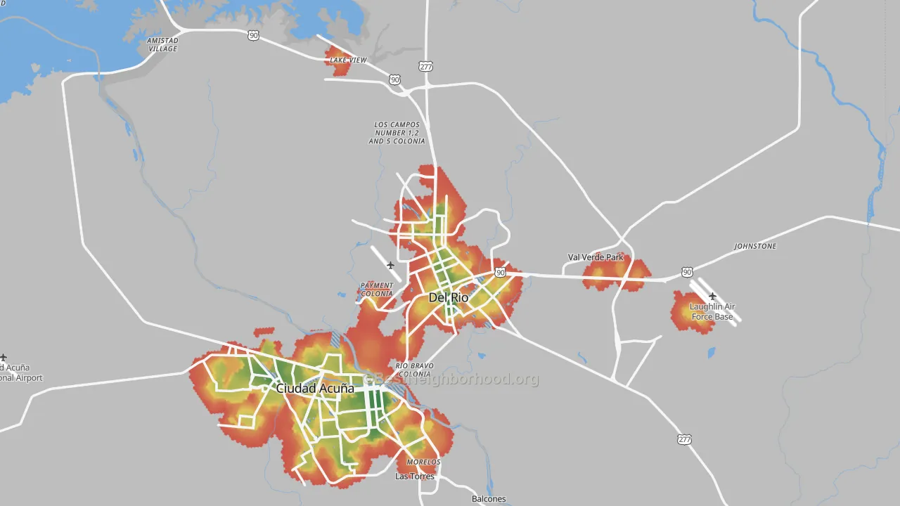 Walk Grade map of Del Rio, TX, walkable areas in green and car-dependent areas in red