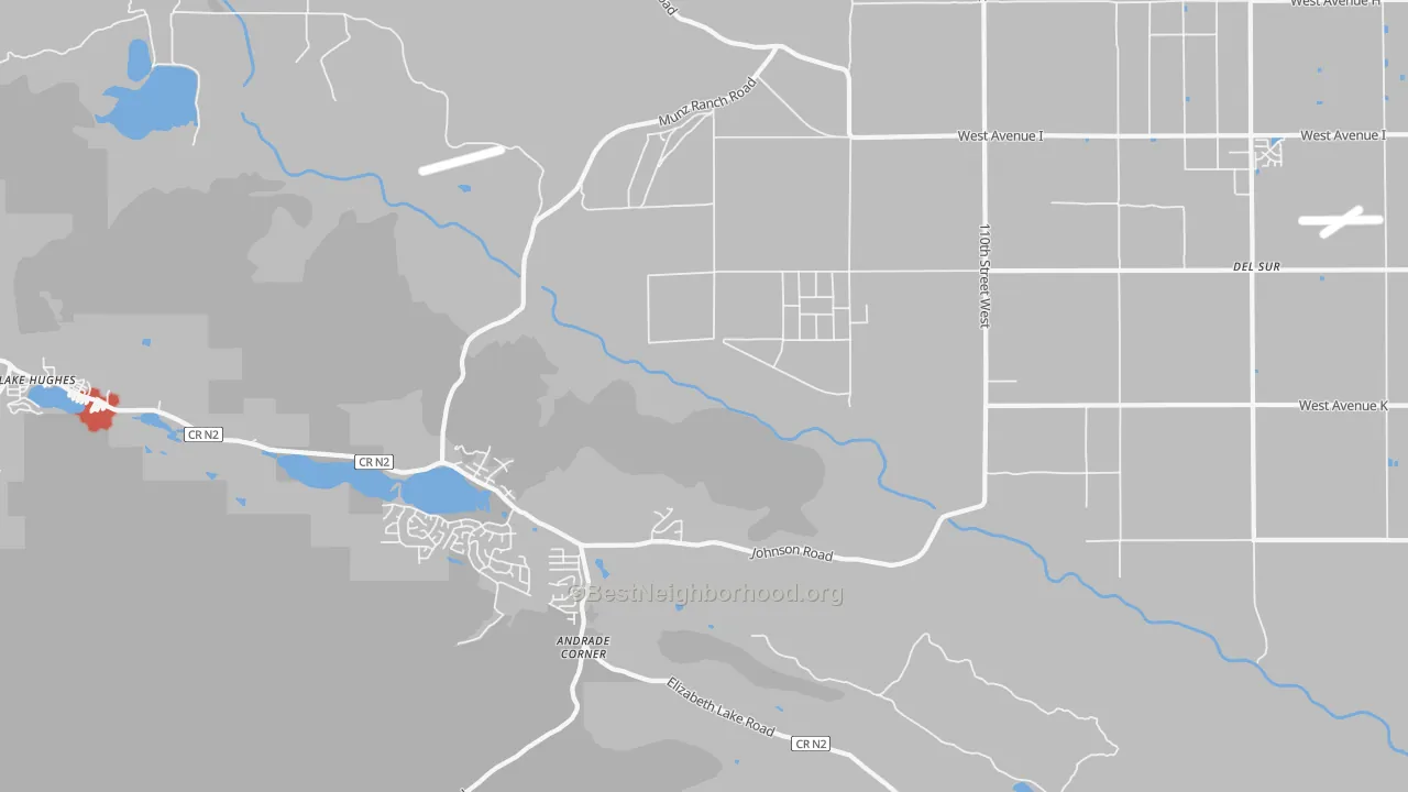 Walk Grade map of Del Sur, CA, walkable areas in green and car-dependent areas in red