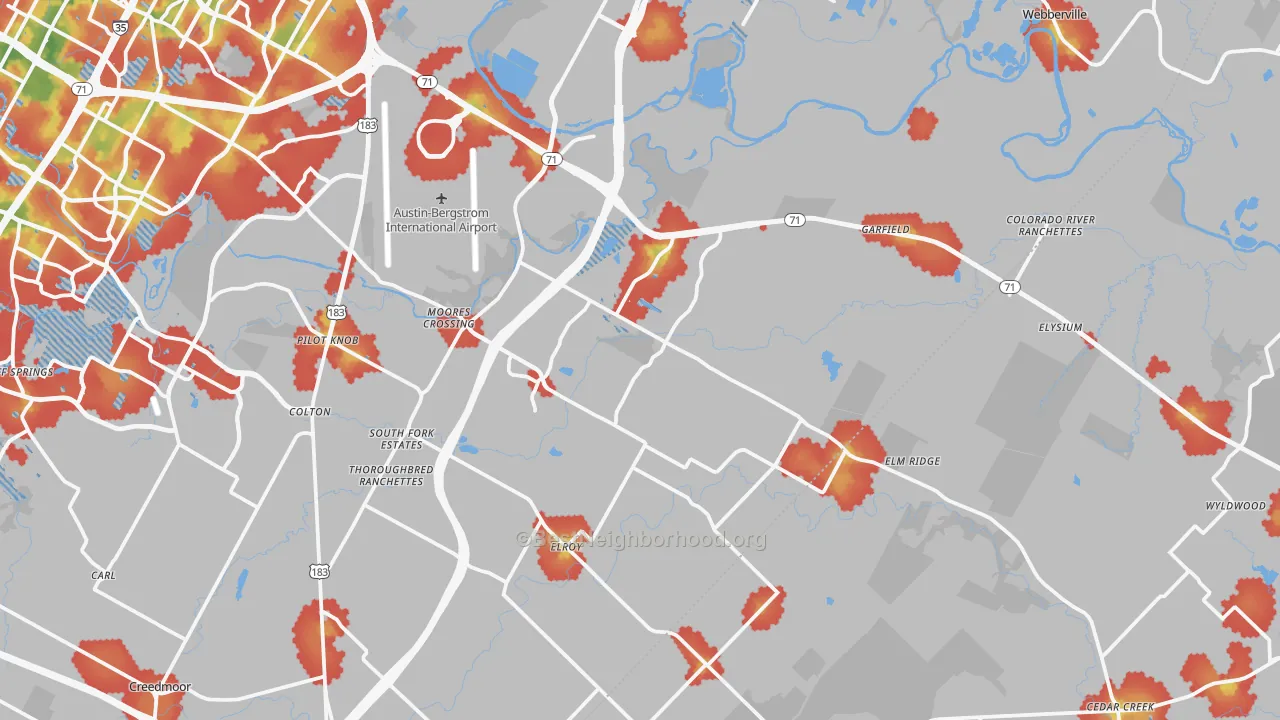 Walk Grade map of Del Valle, TX, walkable areas in green and car-dependent areas in red