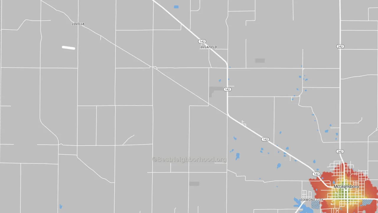 Walk Grade map of Delafield, IL, walkable areas in green and car-dependent areas in red