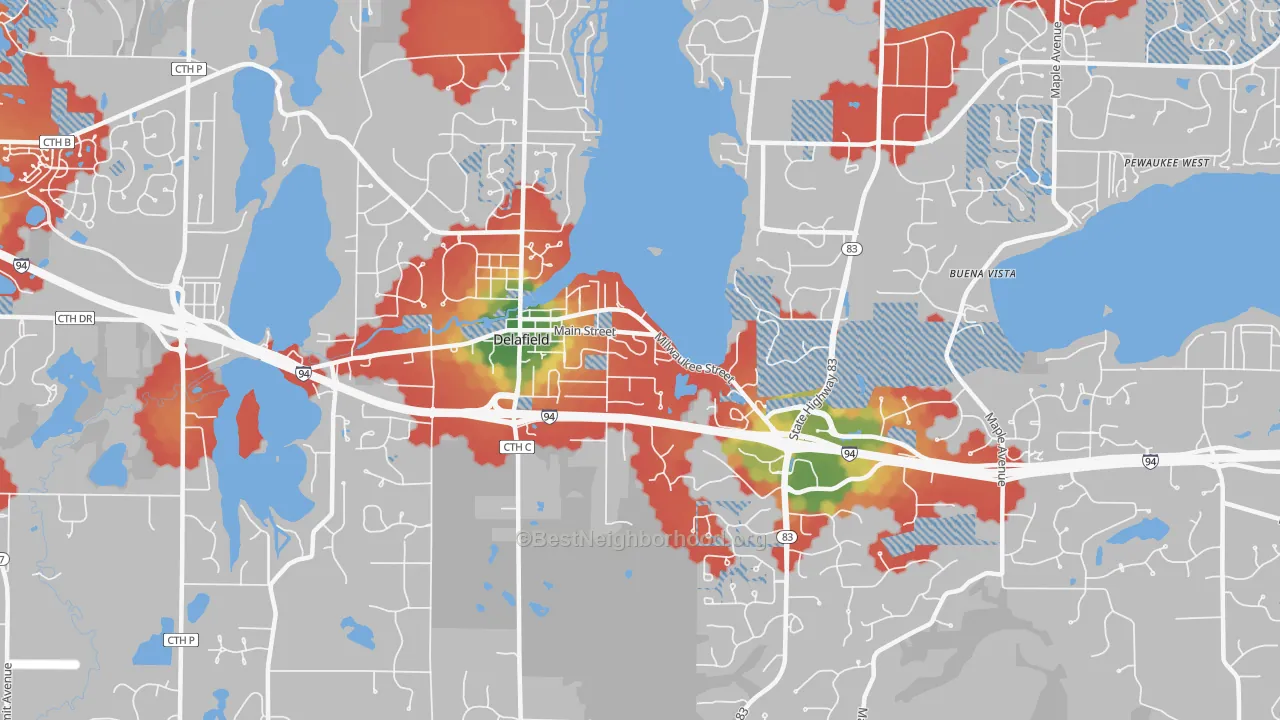 Walk Grade map of Delafield, WI, walkable areas in green and car-dependent areas in red